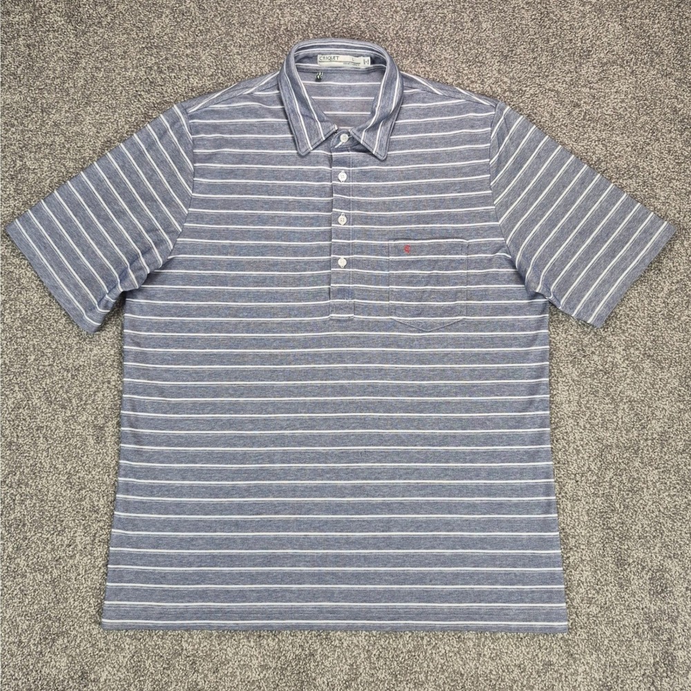 Criquet Players Polo Shirt Mens Large Blue Striped Short Sleeve Pocket